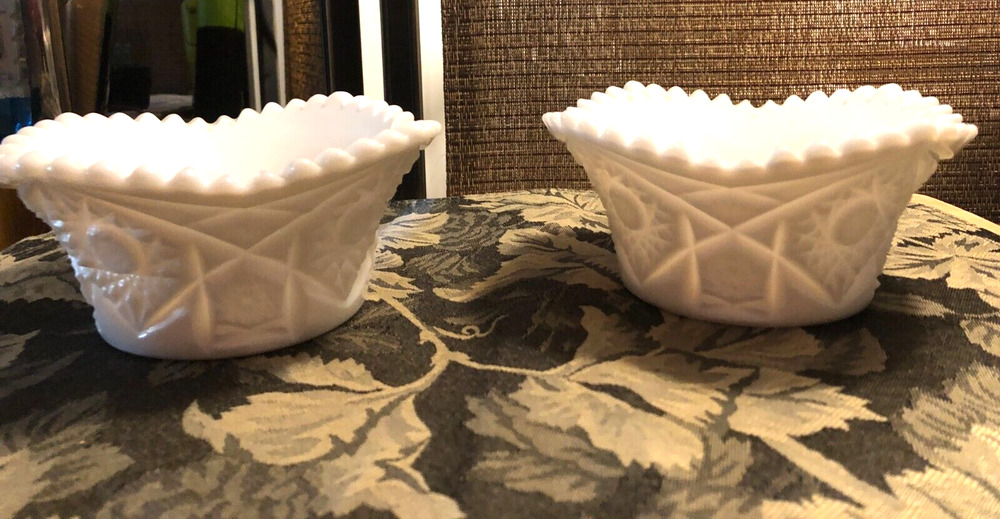 Kemple Valtec Pair Prescut Milk Glass 6.5" Candy Dish Bowl Sawtooth Hobstar Arch